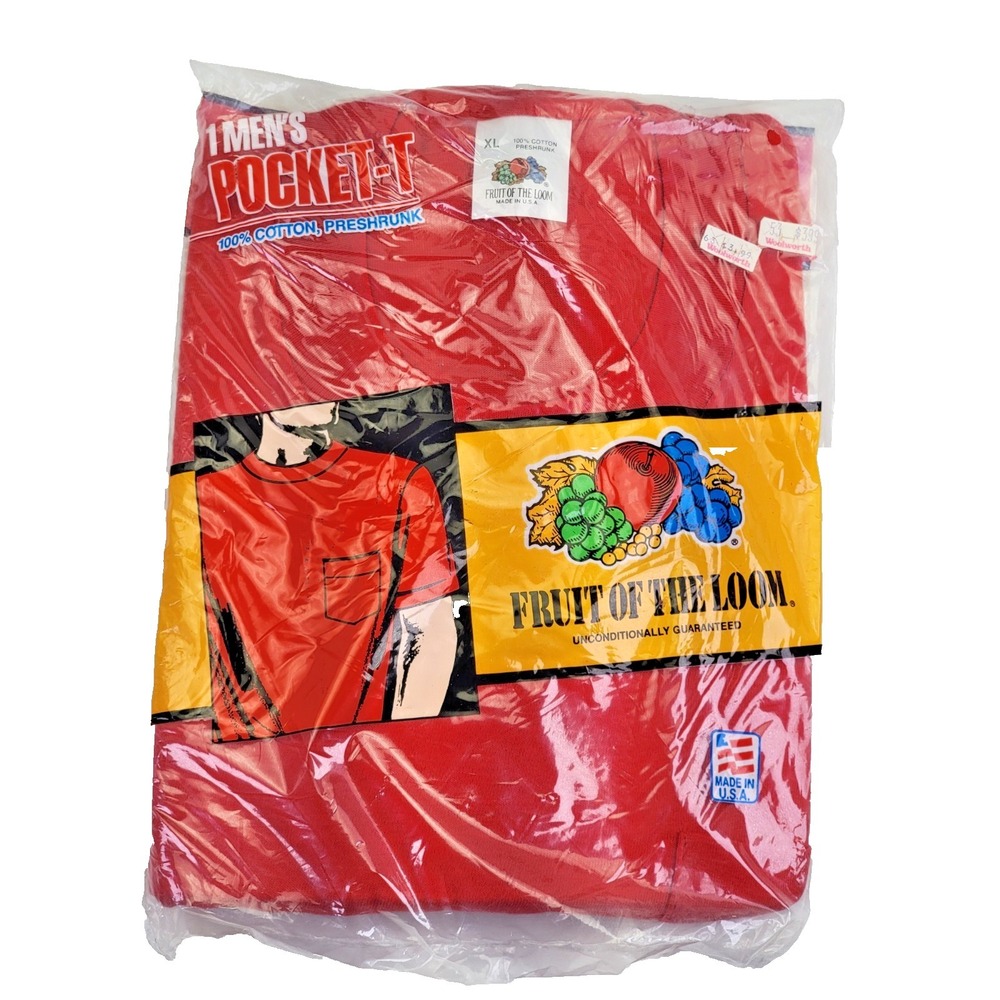 1991 NOS Fruit of the Loom Red Pocket Tee Shirt SEALED Blank XL VTG 90s